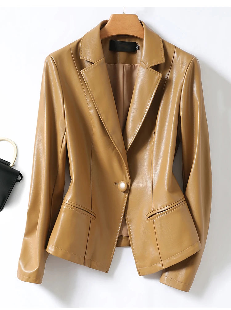 Women Casual Office Blazer Faux Leather Suit Jacket Spring Autum PU Sheepskin Coat Female Slim Single Buckle Lady Outerwear