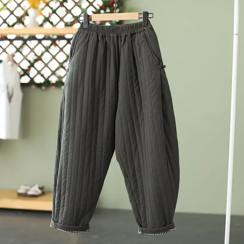 Pantalon d'hiver chaud en coton épais et rétro pour femme, taille élastique, ample et décontracté