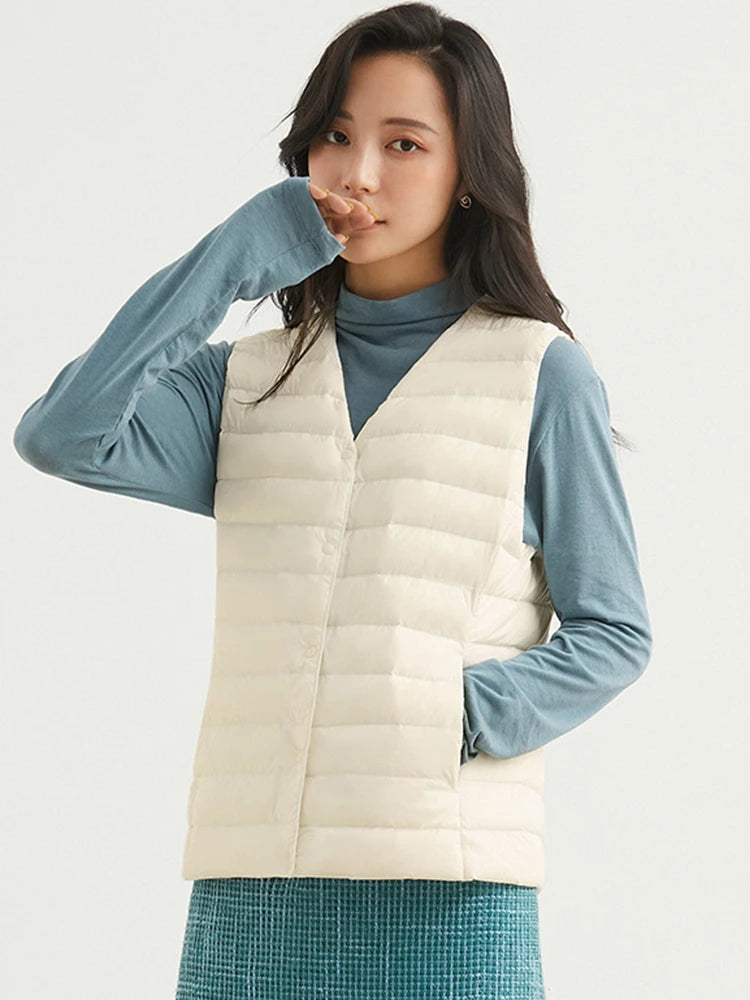 Fitaylor Winter Light Thin Down Short Vest Jacket Women 90% White Duck Down Warm Sleeveless Coat Single Slim Underwaist Outwear