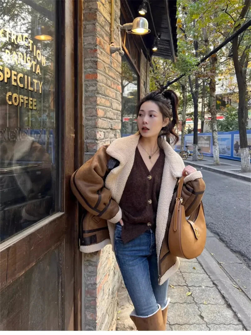 Leather Fur Integrated Lamb Fur Jacket Women's Autumn Winter Suede Deer Suede Lamb Fur Motorcycle Jacket, High-end Feeling Coat