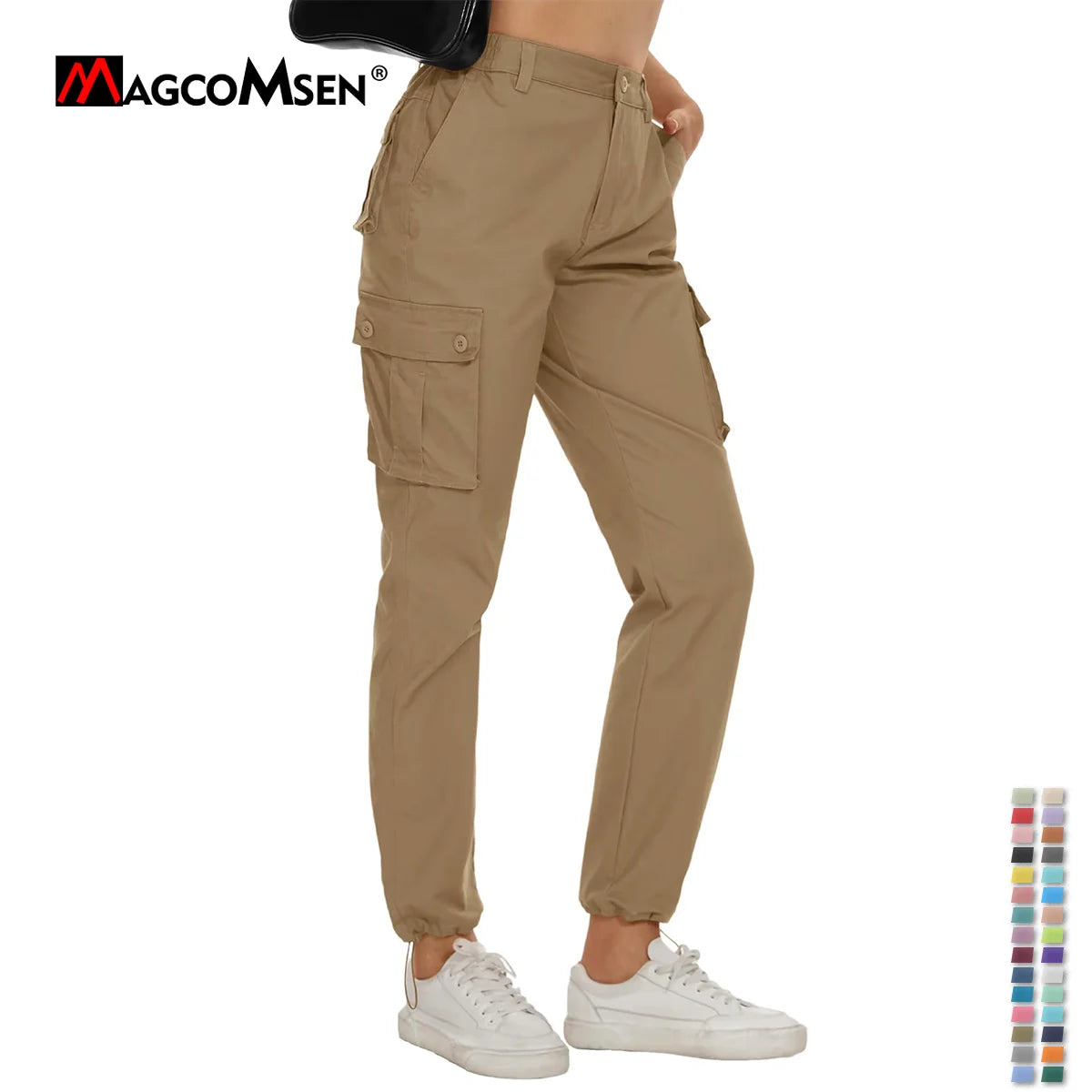 MAGCOMSEN Women's Cargo Pants 6 Pockets Cotton Urban Commuter Work Pants Casual Stylish Elastic Waistband Vintage Biker Trousers