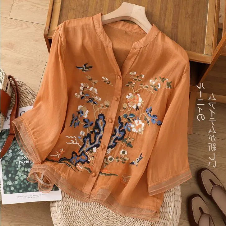 High-end Cotton and Linen Tops Female 2024 Summer New Embroidered Cardigan Shirt New Chinese Style Patchwork Bag Buckle Shirt