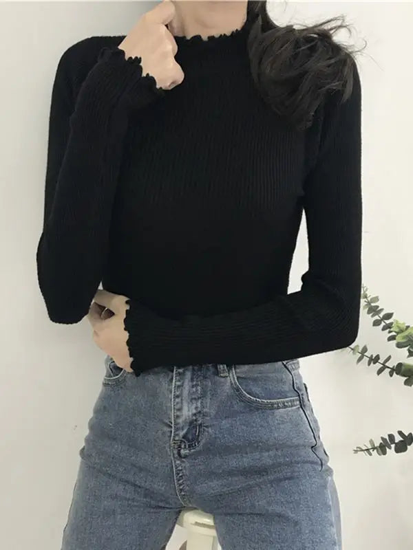 Turtleneck Ruched Women Sweater High Elastic Solid 2024 Fall Winter Fashion Sweater Women Slim Sexy Knitted Pullovers Pink White