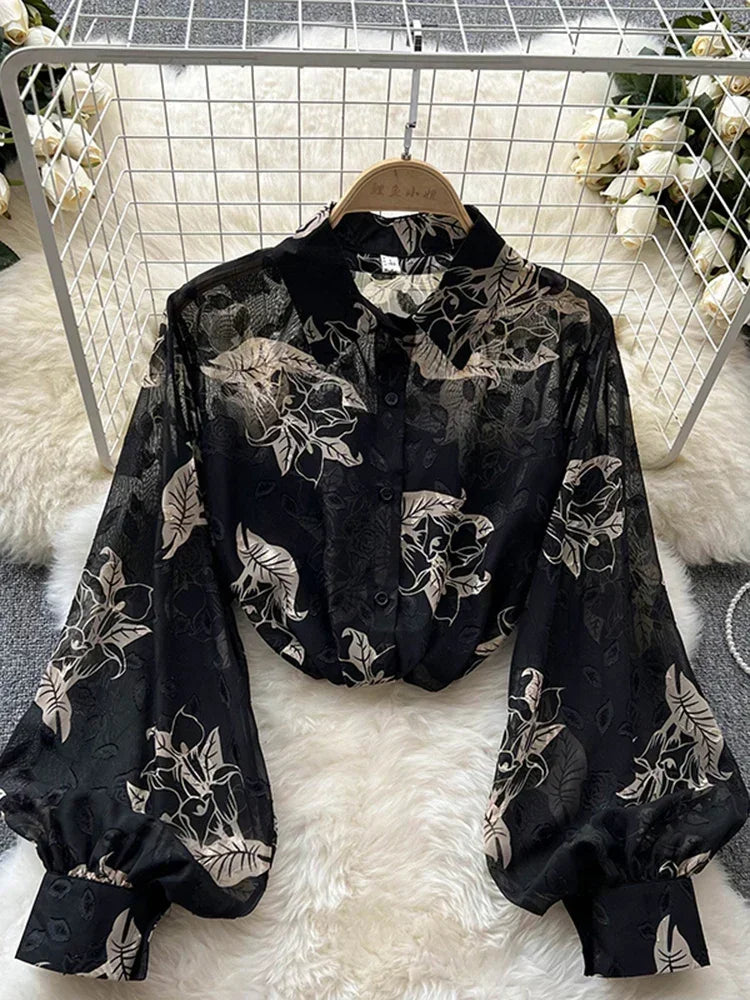 Spring Autumn Temperament Fashion Retro Chiffon Floral Blouses Print Loose Lapel Puff Sleeve Top Button Up Shirt Female GD611