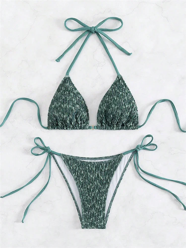 Ensemble de bikini 2 pièces vert sexy pour femme, maillot de bain push-up à bretelles en métal, à lacets, pour la plage,