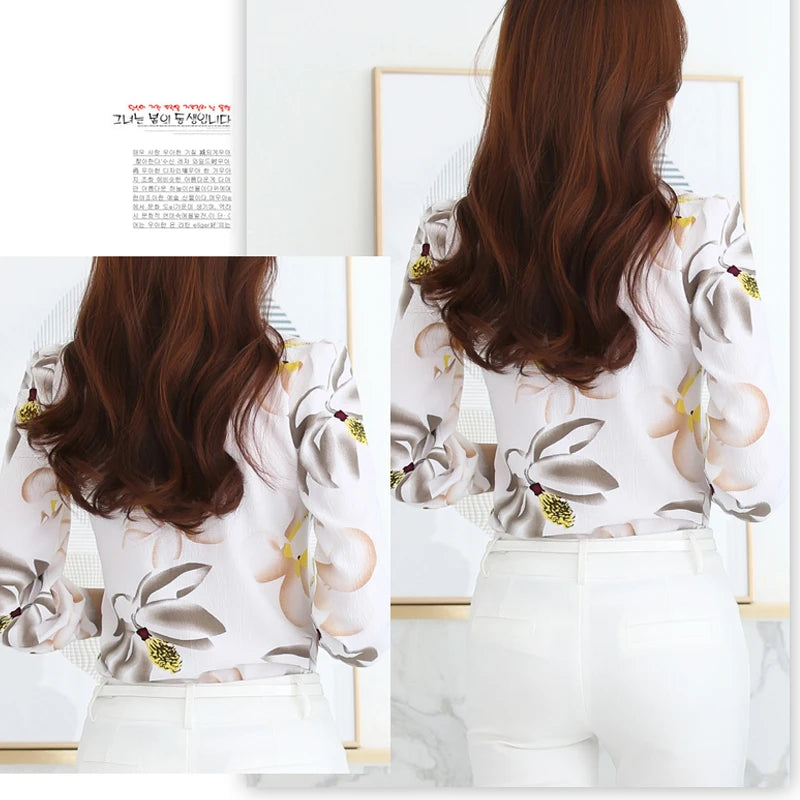 Women's Long Sleeve Chiffon Blouse, V-Neck Tops, Slim Fit Shirt, Office Lady Fashion Print Clothing, Spring, 2024 New, 882G