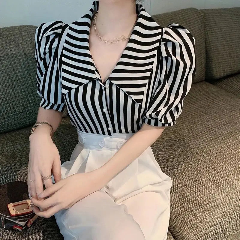 Striped Shirts Women Vintage Elegant Puff Sleeve Summer Office Lady Temper Camisas European Ins Y2k Clothes Designer High Street