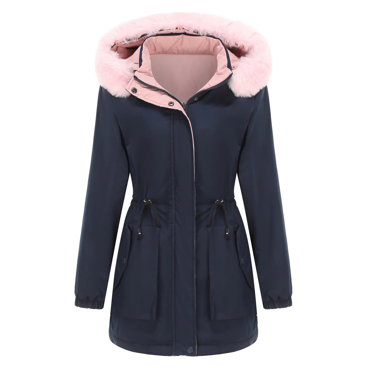 Veste  pour femme, veste en coton chaud double face, casquette amovible, manches longues, fermeture éclair, veste en coton épais, col en fourrure, Parkas