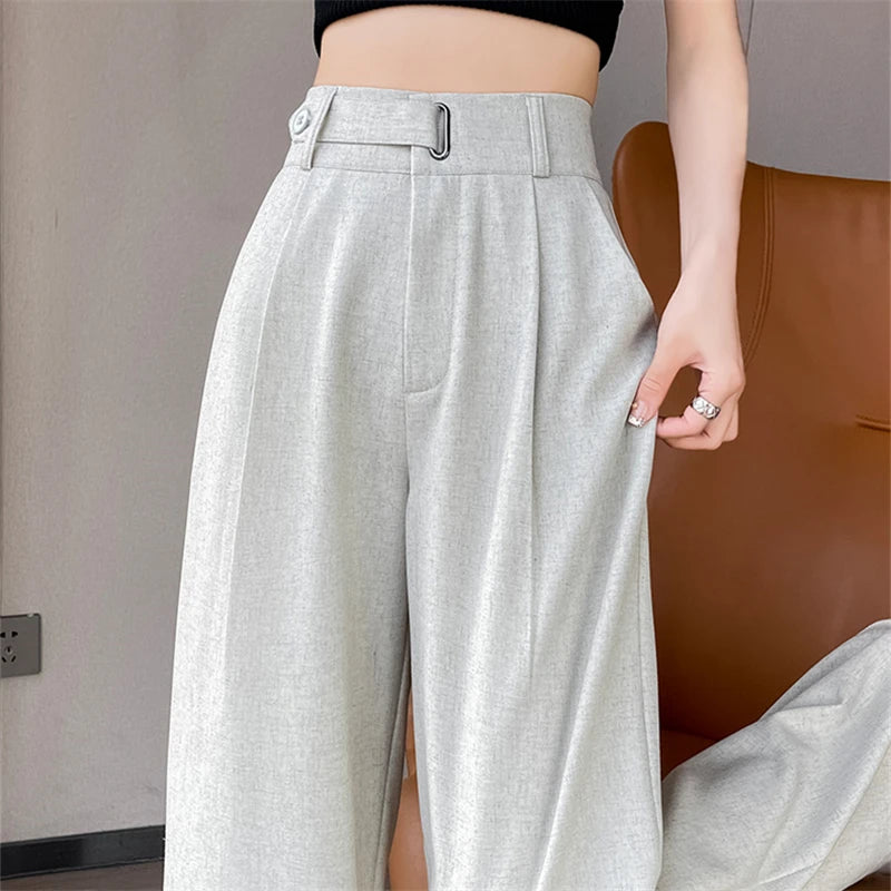 Pantalon ample taille haute en coton et lin pour femme, jambes larges, élégant, minimaliste, droit, ample, automne