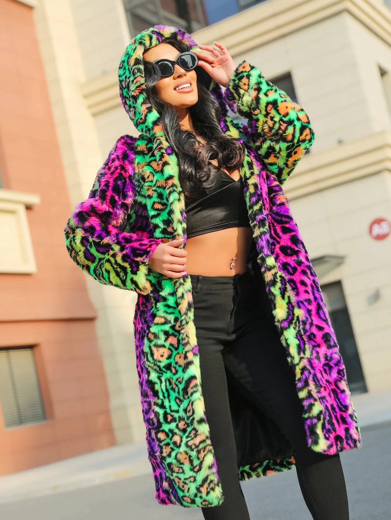 New Women's Faux Fur Jacket Long Autumn And Winter Coat For Women In Neon Glitzy Leopard Print Hooded Faux Fur Coat