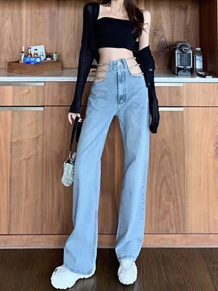 Jean sexy ajouré à chaîne pour femme, pantalon d'été en denim droit, taille haute, ample, style Harajuku, mode coréenne Y2K