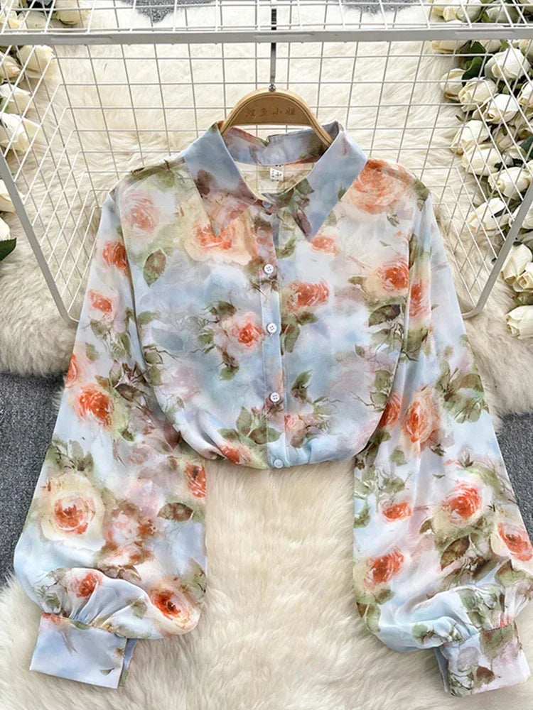 Spring Autumn Temperament Fashion Retro Chiffon Floral Blouses Print Loose Lapel Puff Sleeve Top Button Up Shirt Female GD611