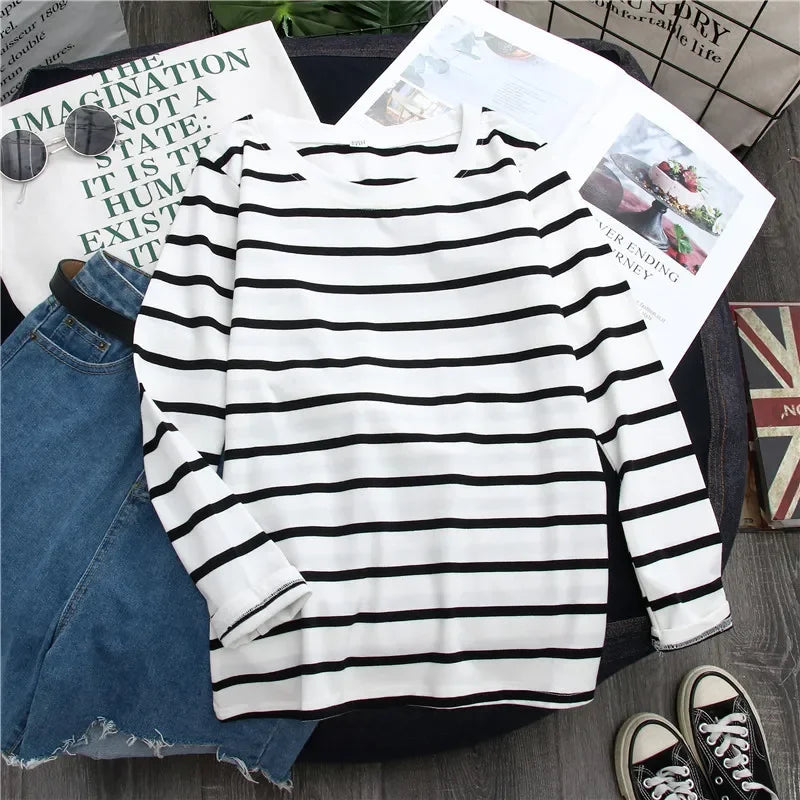 Women Loose Round Collar Autumn Stripes Print Loose Long Sleeve Casual Simple Wild T-Shirt