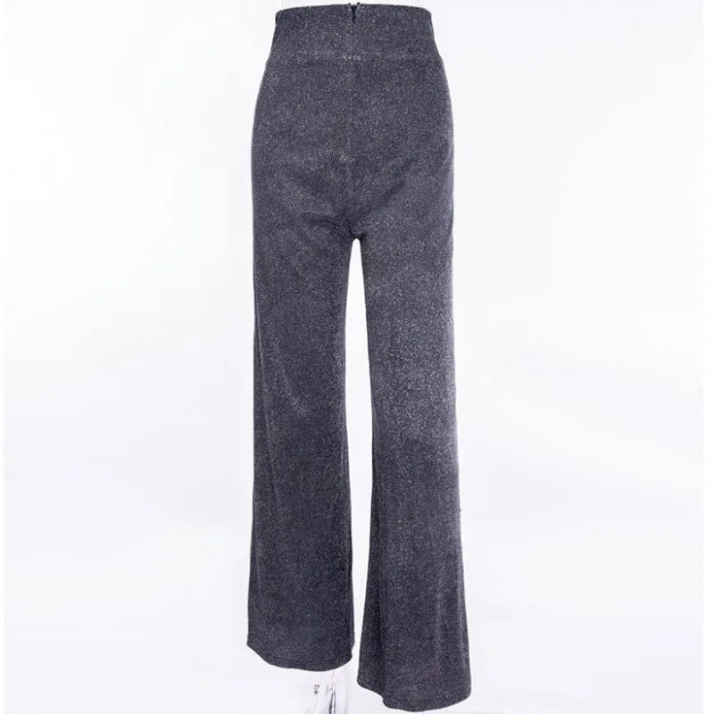 Pantalon long slim taille haute pour femme, sexy, argenté, diamant, évasé, gris, jambes larges, élégant, mode, décontracté, Y2K