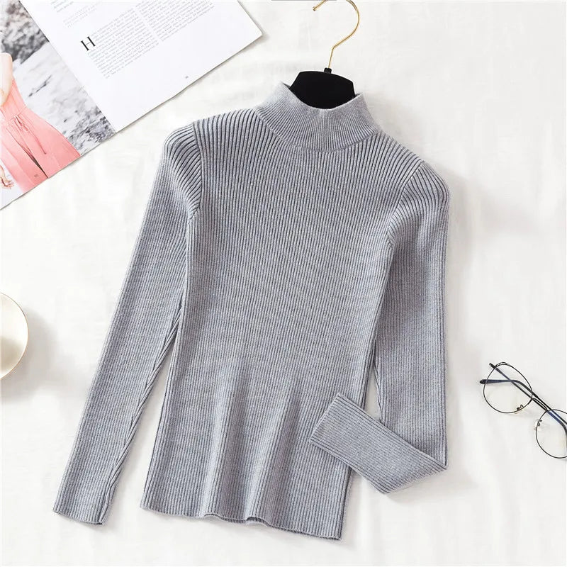 ZOKI Autumn Women Pullover Sweater Fashion Half Turtleneck Knitted Female Jumper Long Sleeve Winter Black Soft Elastic Blouse