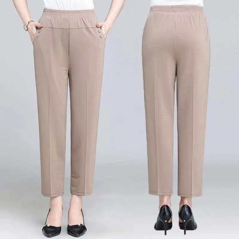 Pantalons de printemps et d'été pour femmes d'âge moyen, taille élastique fine, amples, en coton, pour mères, pantalons décontractés pour femmes