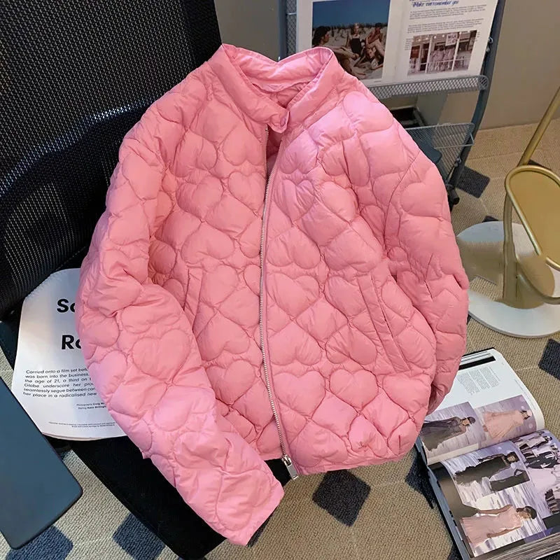 Winter Ultralight Casual Long Sleeve Zipper Short Coat Street Fashion Outerwear Women's Pink Love Design Cotton Padded Jacket