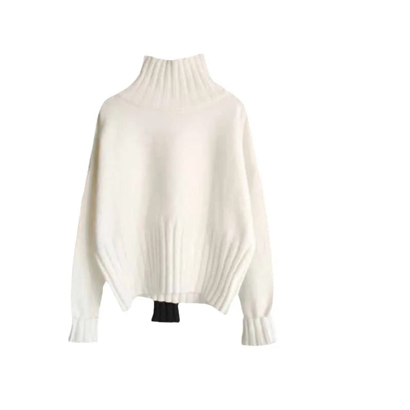 Turtleneck Sweater Coats Autumn Women Long Lantern Sleeve White Black Knitted Pullover Tops PYMY-MY924