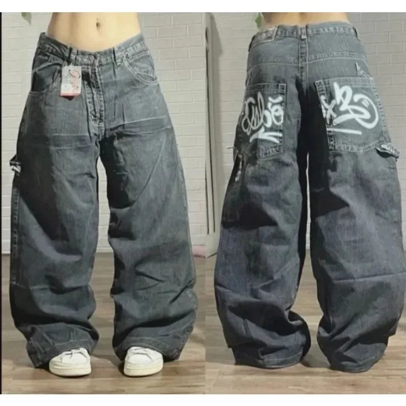 Pantalon large style hip-hop américain Y2k style gothique avec fermeture éclair et tête de mort brodée pour homme, style Harajuku, vintage, taille haute, décontracté, unisexe