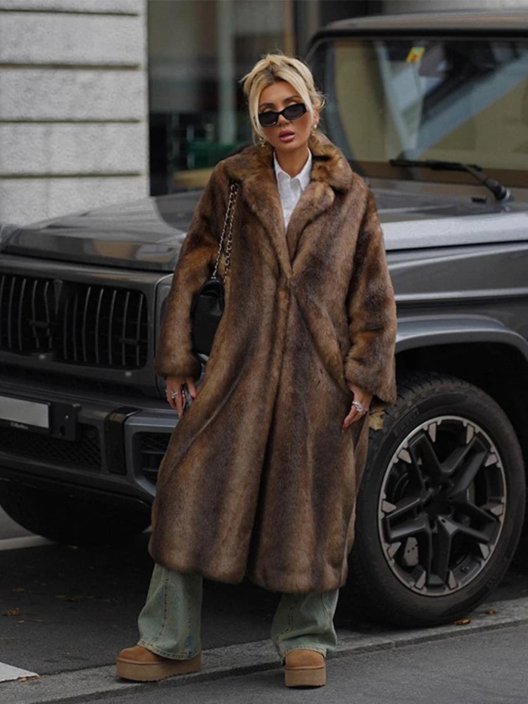 Long Fur Cardigan Coat Jacket Vintage Loose Classic Faux Fur Single Breasted Women's Trench Coats Winter Fashion Fluffy Overcoat