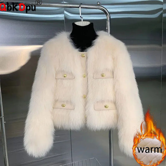 Women Elegant Cropped Faux Fur Coats Tops Winter Warm Thicken Cotton Padded Lined Jackets Korean Single Breasted Furry Abrigos