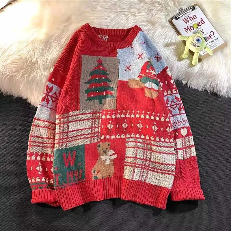 new warm pullovers round neck sweater women street stitching Christmas tree jacquard sweater ins couple loose in winter 2022