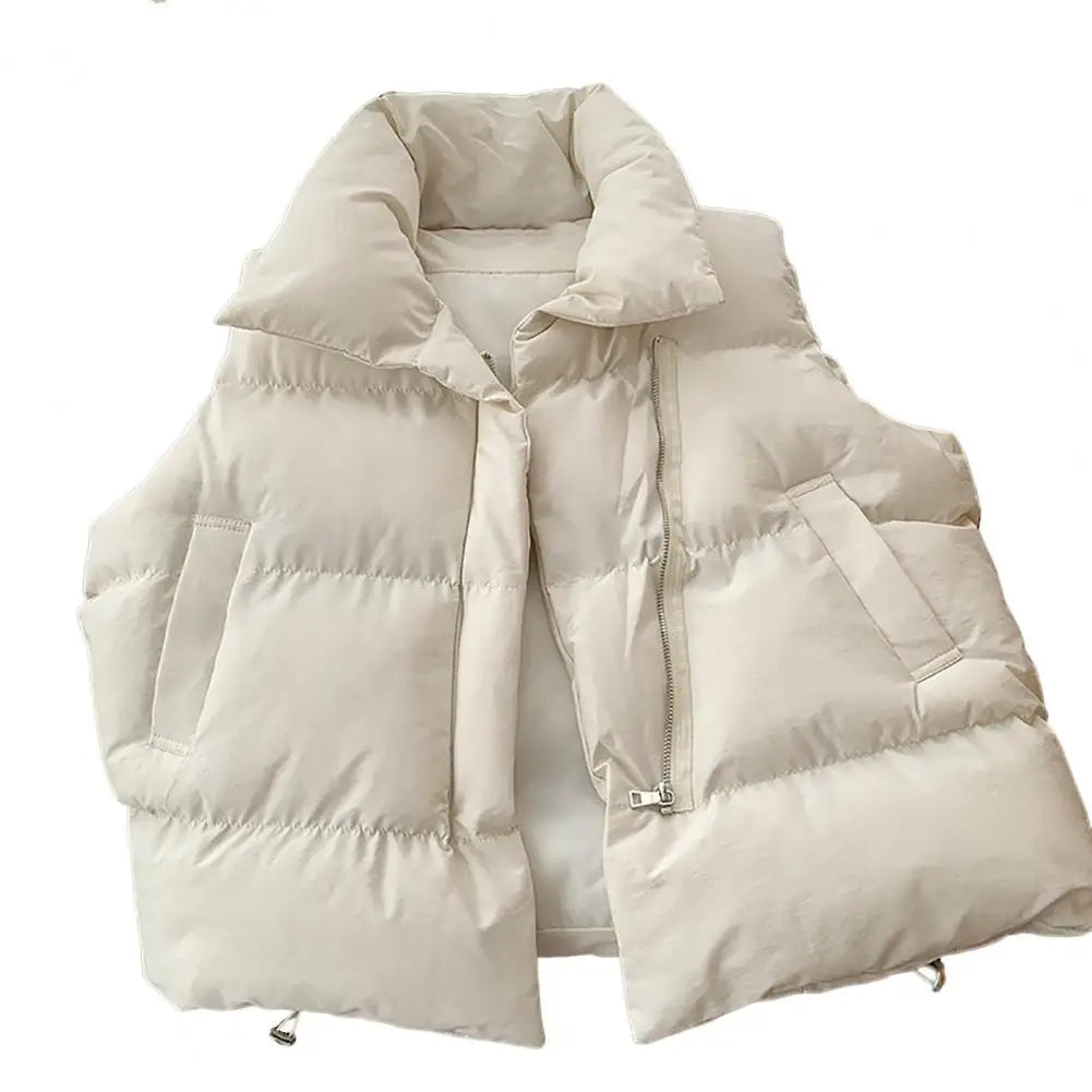 Gilet matelassé d'hiver en coton à col montant, confortable, simple, couleur unie, polyvalent, rembourré, avec cordon de serrage, vêtements pour femmes