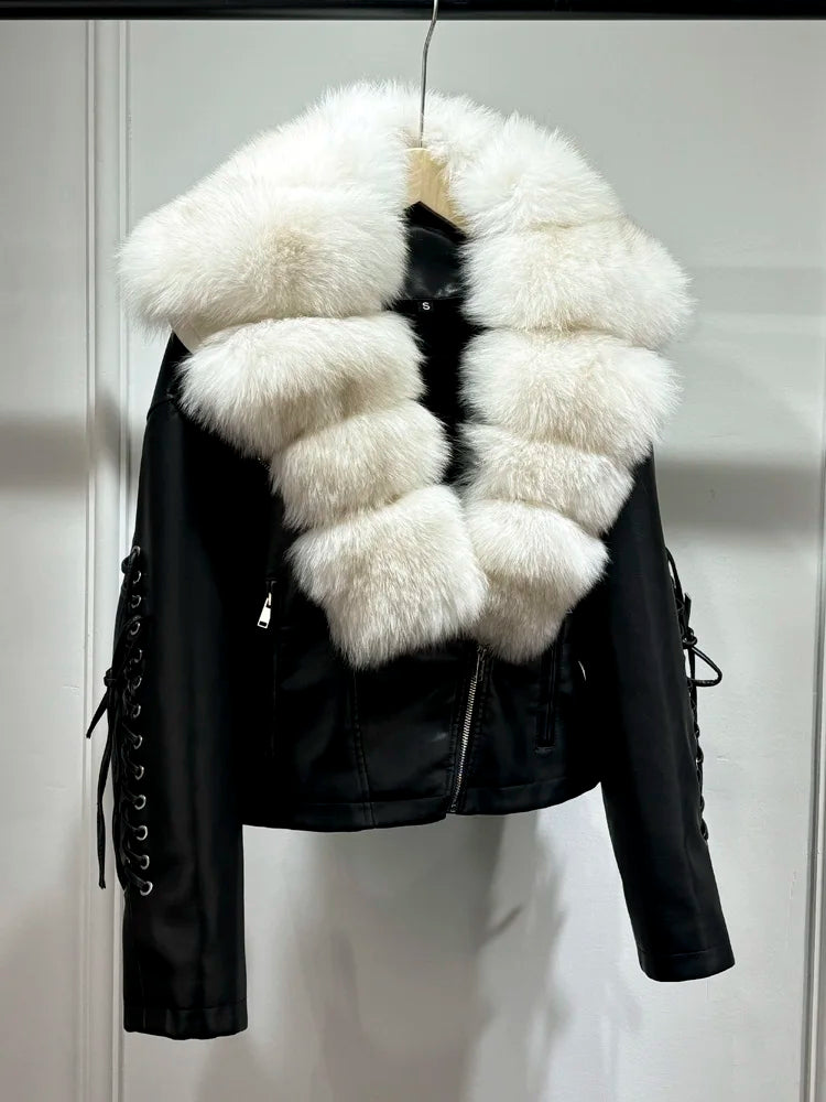 Janveny Super Big Natural Fox Fur 2024 Nouvelle Automne Hiver Femmes Faux PU Veste En Cuir Décontracté Dame Revers Fermeture Éclair Moto Manteau