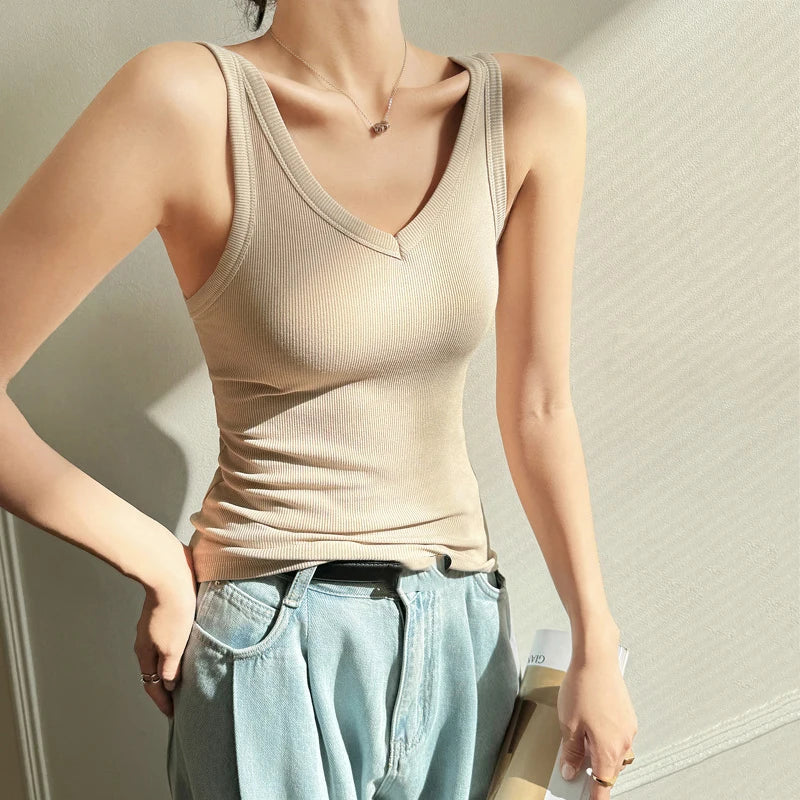 Women Summer Casual Cotton V-Neck Crop Top Basic Sleeveless Solid Slim Knit Camis Underwear Elastic Off Shoulder Sports Tank Top