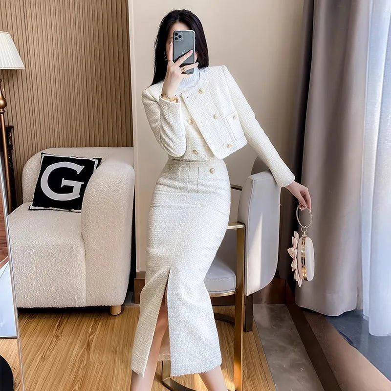 Small Fragrance Coarse Tweed Two-Piece Set Women's Elegance Temperament O-neck Short Coat+Split Skirts Spring Autumn Suits New