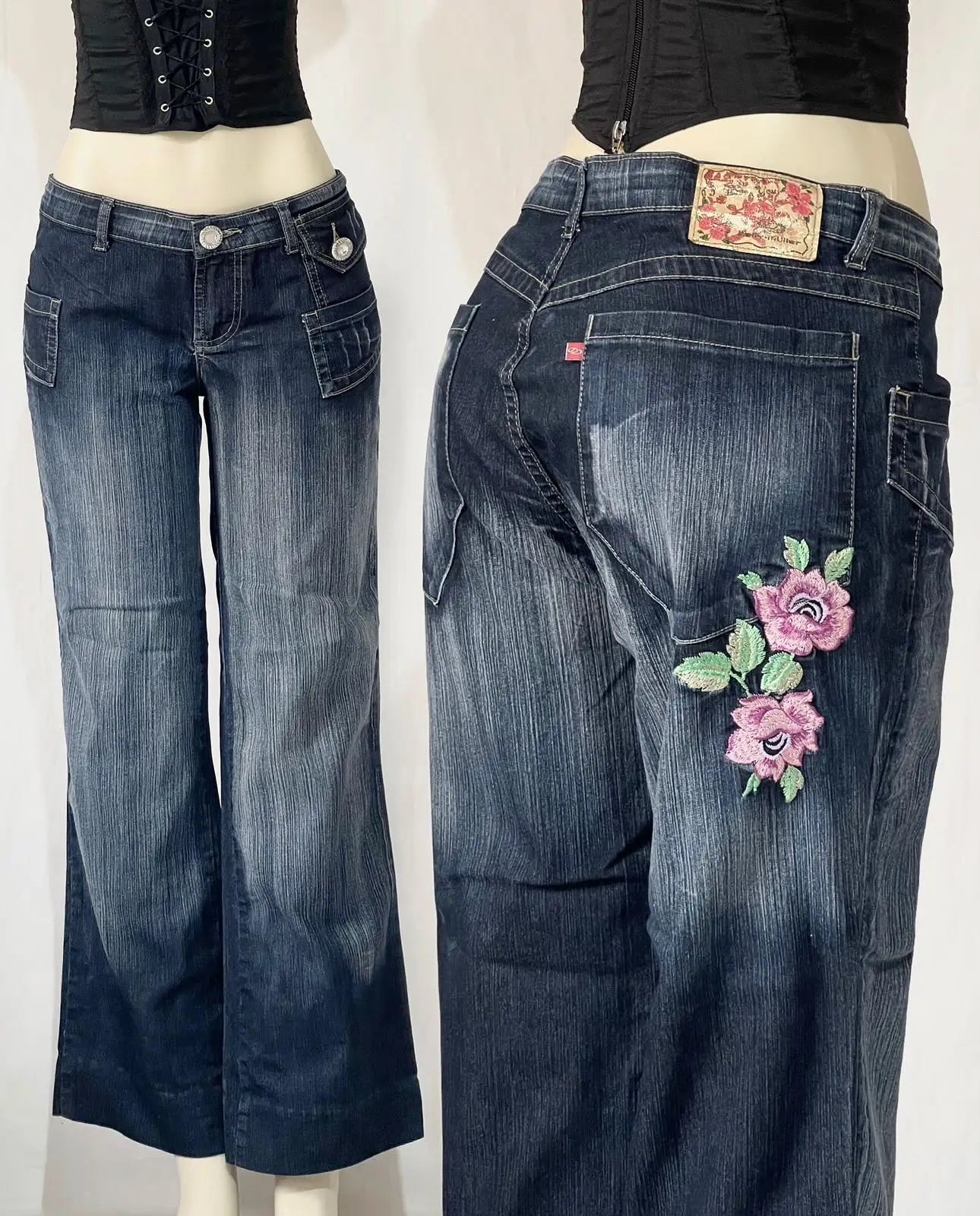 Vintage Flower Embroidery Element Washed Baggy Jeans Sweet Girl Niche Fashion Y2k Versatile Straight Trousers Blue Jeans