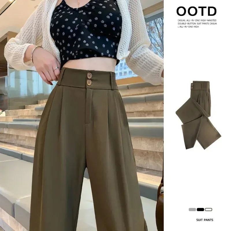 Women Fashion Suit Pants Lady Wide Straight Leg Classic Trousers Female Korean Mesh Linen Pants Stretch High Waist Basic Slacks