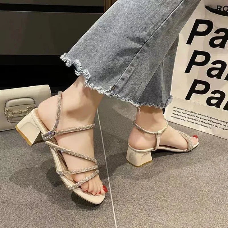 Women's Sandals 2024Summer New Elegant Dress High Heels Outdoor Fashion Rhinestone Open Toe Casual  Large Women's Shoes