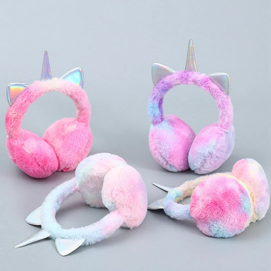 Winter Warmer Children Kids Colorful Unicorn Soft Plush Fluffy Earflap Earmuffs Lovely Cat Ears Caps  Headband Tie-dye Fur Hat