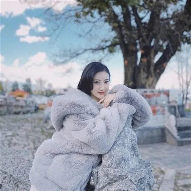 High Quality Quilted Thick Furry Coat Female Autumn And Winter Lamb Plush Imitation Mink Rex Rabbit Fur Coat Women Hooded Jacket