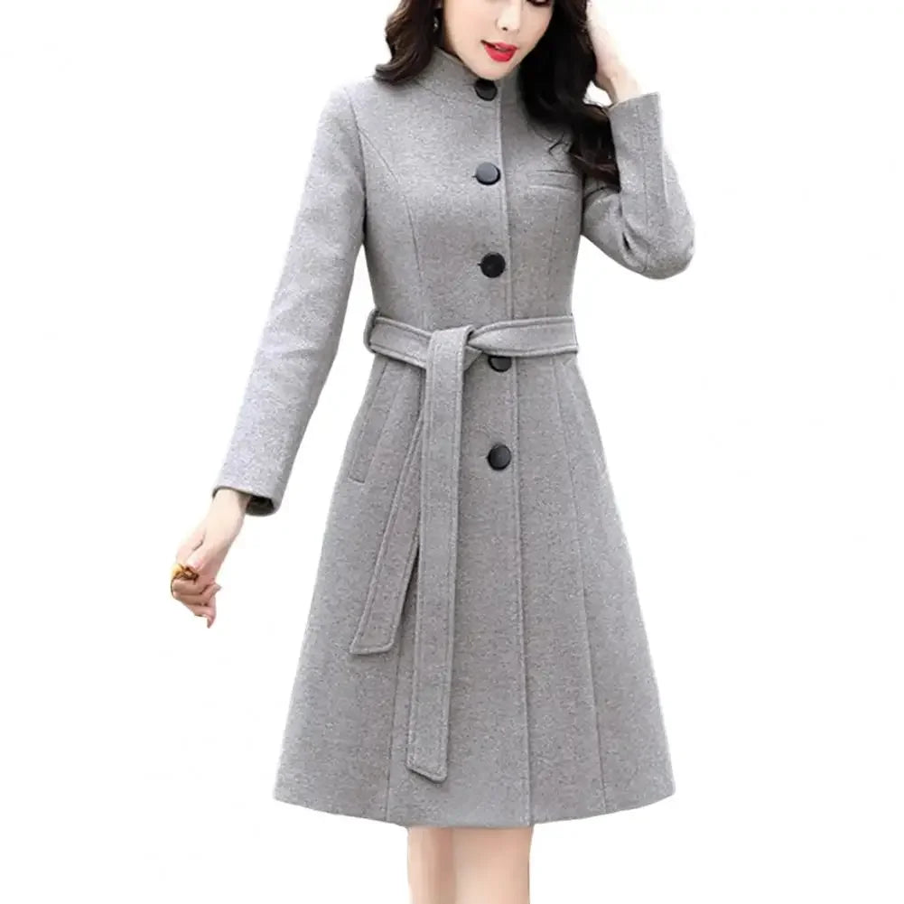 Trendy Women Outwear Long Sleeve Super Soft Women Woolen Coat  Slim Fit Belt Trench Coat