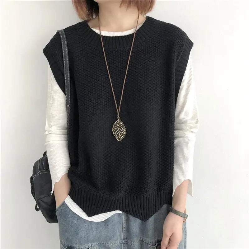 Summer Solid O-neck Asymmetrical Outerwear Single Wear Knitted Vest Women Patchwork Screw Thread Loose Versatile Sleeveless Top