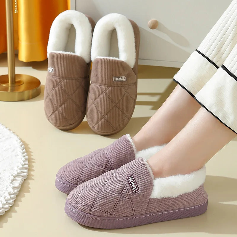 Eyriphy Women Plush Lining Slippers Corduroy Indoor Bedroom Slides Memory Foam Fluffy Fuzzy Warm Slippers Female Casual Shoes