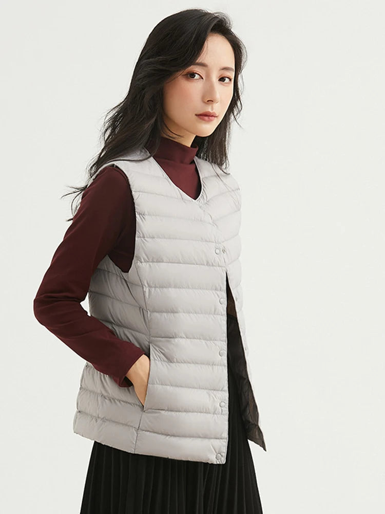 Fitaylor Winter Light Thin Down Short Vest Jacket Women 90% White Duck Down Warm Sleeveless Coat Single Slim Underwaist Outwear