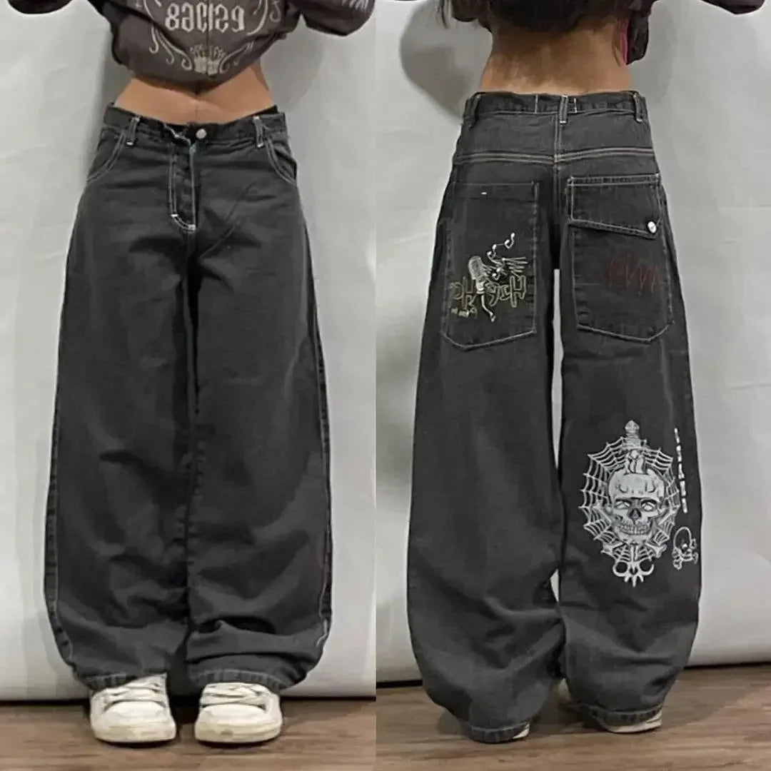 Pantalon large droit à motif de crâne de personnalité de nouveau style américain Pantalon en denim délavé taille haute ample tendance Harajuku Y2K