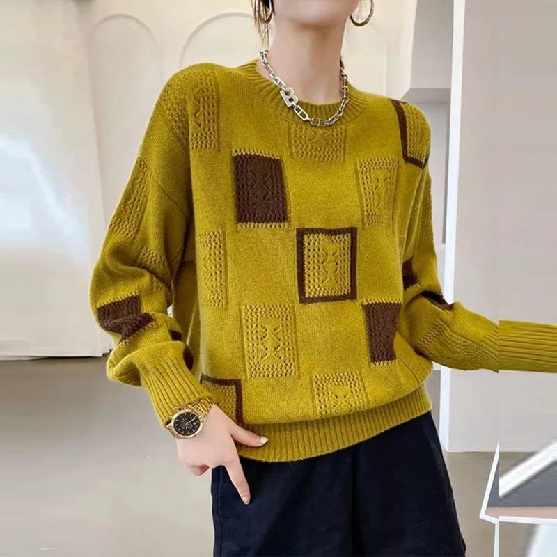 Vêtements pour femmes automne et hiver vintage géométrique patchwork pull tricoté décontracté streetwear pull hauts pull à manches longues