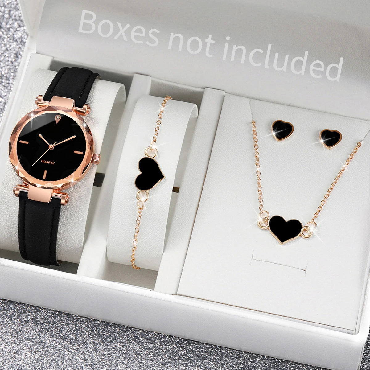 Lot de 5 montres à quartz tendance pour femmes, bracelet en cuir, ensemble de bijoux en forme de cœur (sans boîte)