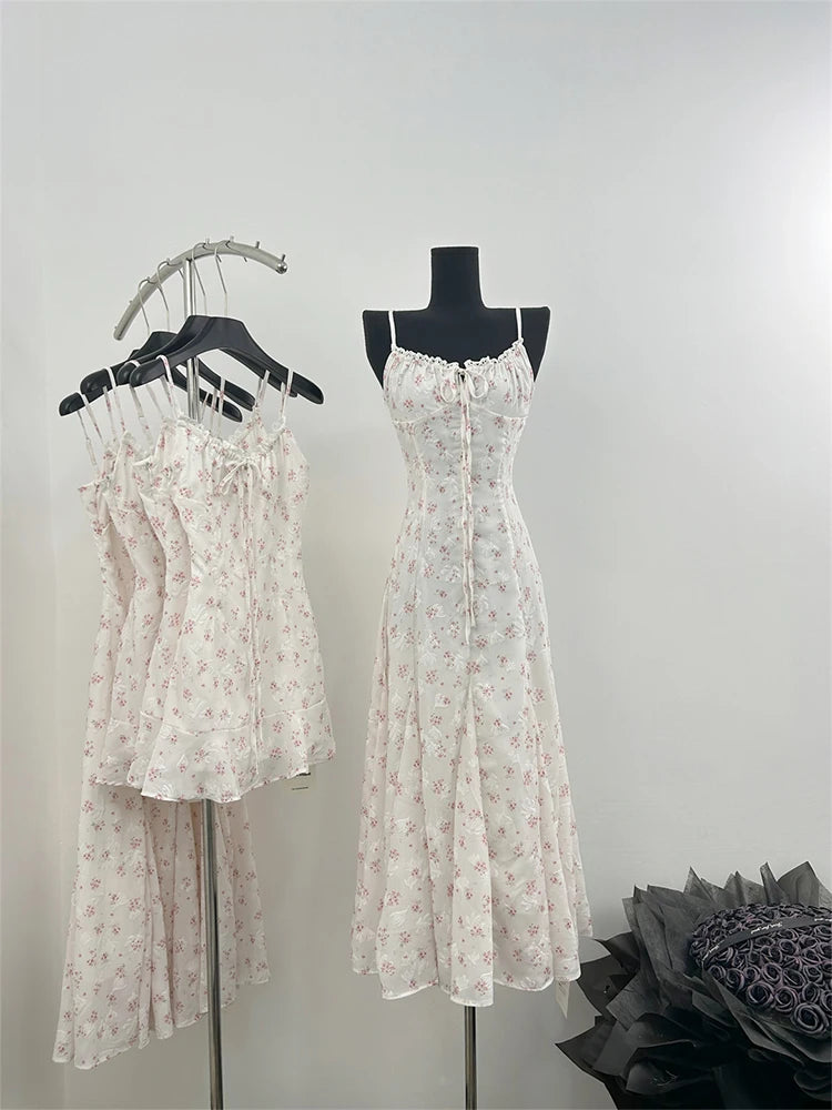 Summer French Vintage Mini Spaghetti Strap Dress Women 2000s Mori Girl Maxi Floral Frocks Party One-Piece Evening Prom Gown New