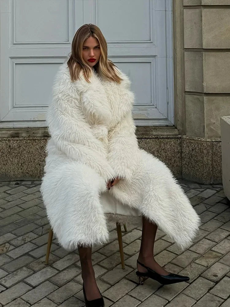 Manteau long en fourrure de renard des neiges, blanc, taille étendue, cintré, lacets, peluche, pardessus, costume, col, ample, épais, chaud, vêtements d'extérieur, haut d'hiver