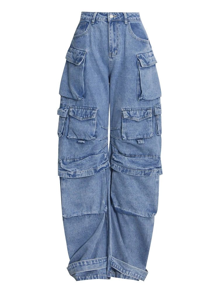 TWOTWINSTYLE Fashion Style Patchwork Button Jeans High Waist Spliced Pocket Loose Casual Denim Wide Leg Pants Female Autumn 2022