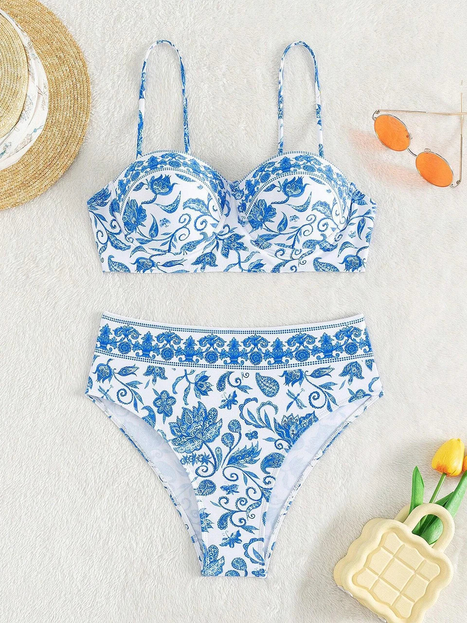 Shoulder Strap Bikinis 2024 New Women Print Swimwear High Waist Swimsuit Bathing Suit Female Bathers Swimming Beach Wear Summer