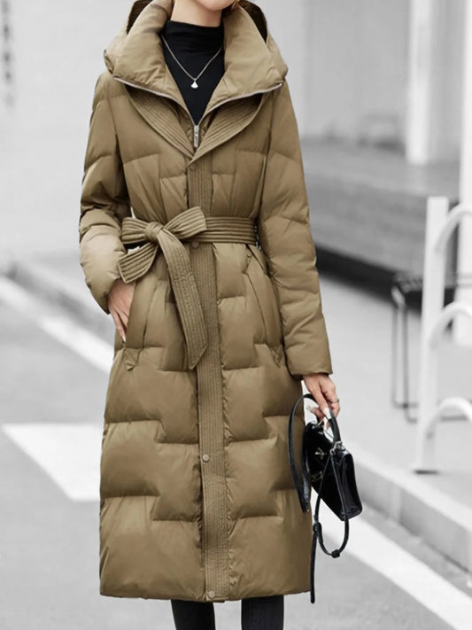 FTLZZ Winter Women White Duck Down Coat Lady Hooded Zipper Long Outwear Casual Thick Warm Solid Coat with Belt