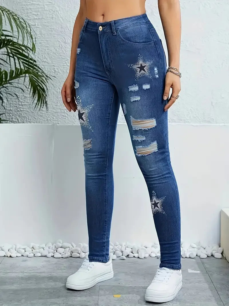 Star Pattern Printed Washed Hole Women's High Waisted Stretch Denim Skinny Trousers Fashionable Women's Denim Work Clothes