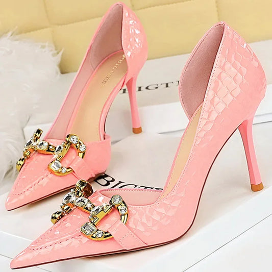 Women 8cm High Heels Hollow Pumps Lady Luxury Designer Replica Bling Metal Chain Crystal Middle Heels Pink Evening Prom Shoes