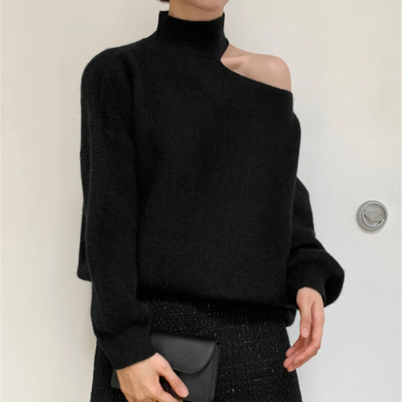 ITOOLIN Autumn Women One Shoulder Hollow Out Sweater Turtleneck Long Sleeve Knit Pullovers Women Loose Causal Sweater Winter